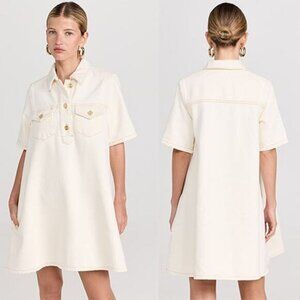 NEW Ganni Heavy Denim Collared Front Pocket Short Sleeve Mini Dress Cream Sz: 4